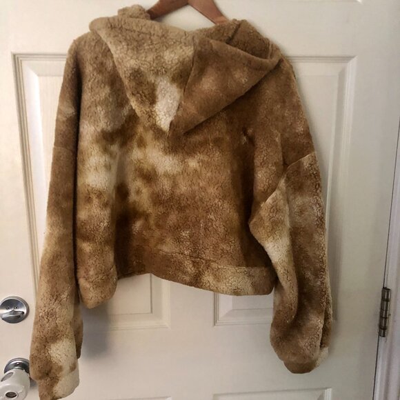 [Women's XL] Teddy Sherpa Cropped Jacket Tie Dye Fuzzy Hooded Zip Up Cozycore - Picture 4 of 6